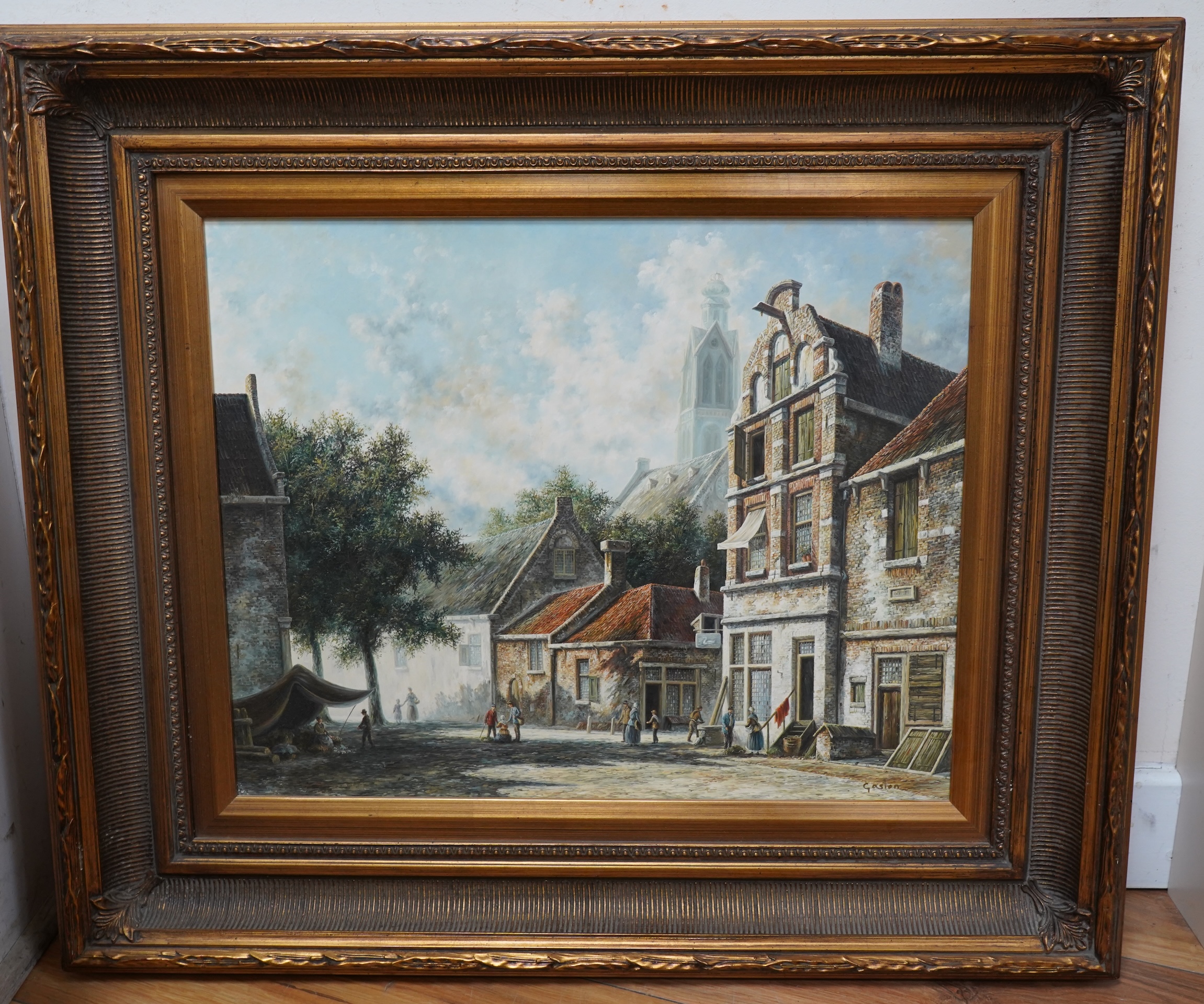 Johnny Gaston (b.1955), Continental street scenes, each signed, pair of oils on board, gilt frame, 39 x 49cm